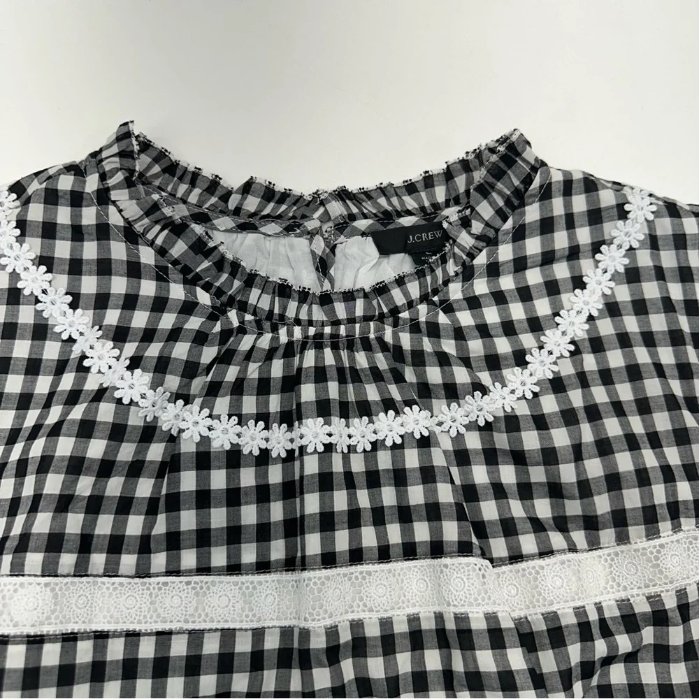 J. Crew Black and White Gingham Smocked Waist Puff Sleeve Blouse